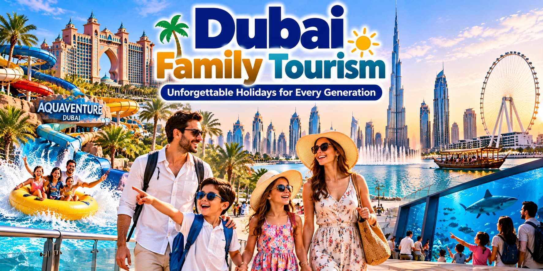 Dubai family tourism featuring parents and children enjoying waterparks, attractions and the Dubai skyline.