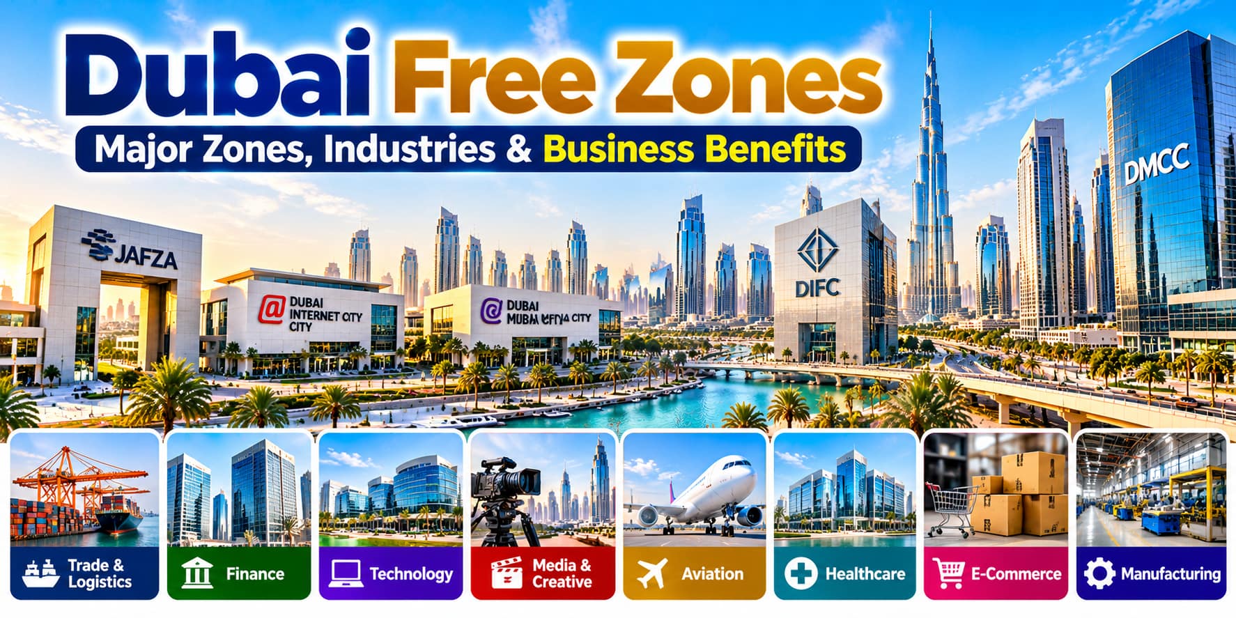 Dubai Free Zones showing major zones, industries and business benefits