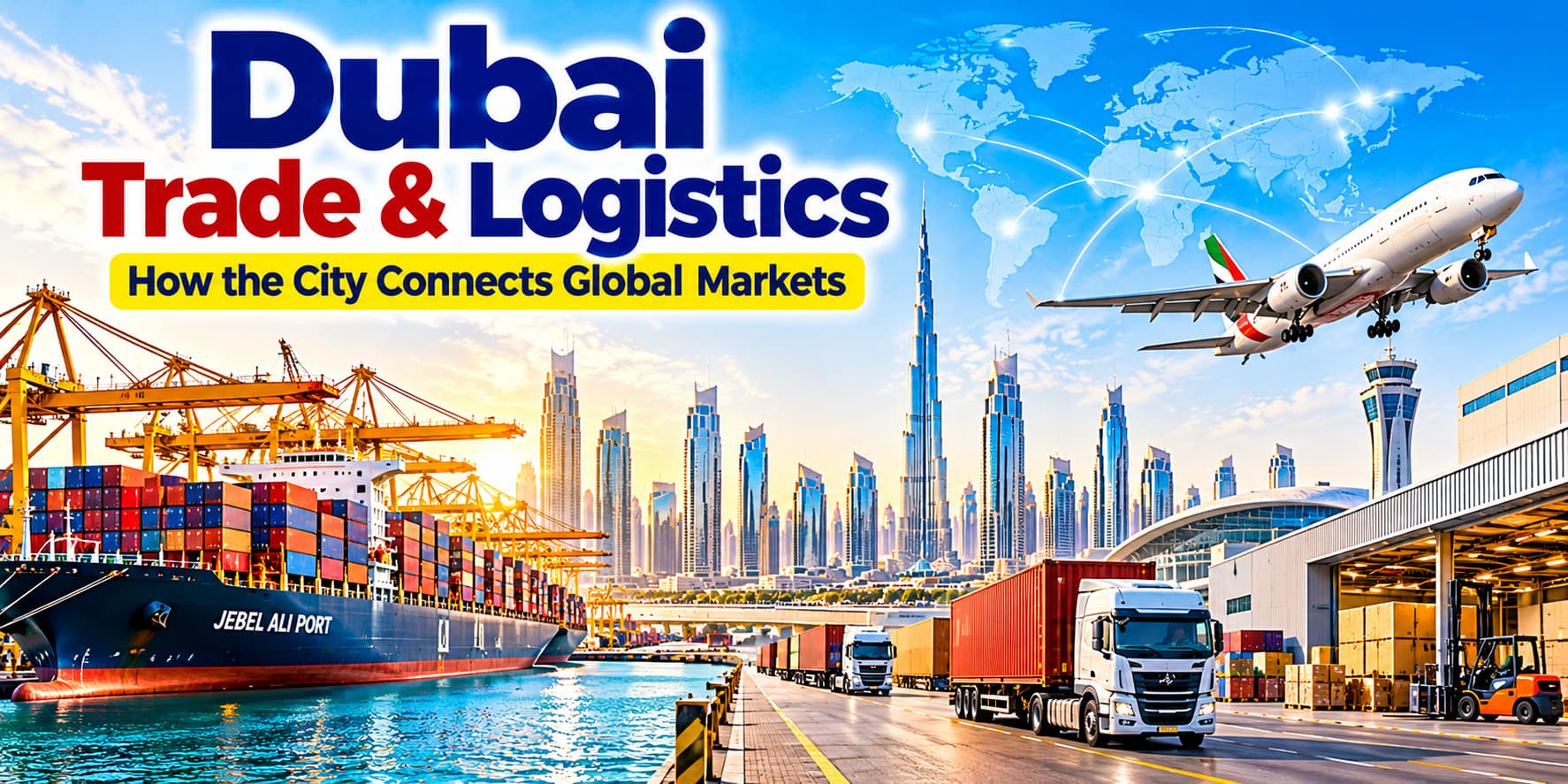 Dubai trade and logistics showing global markets, shipping and air cargo