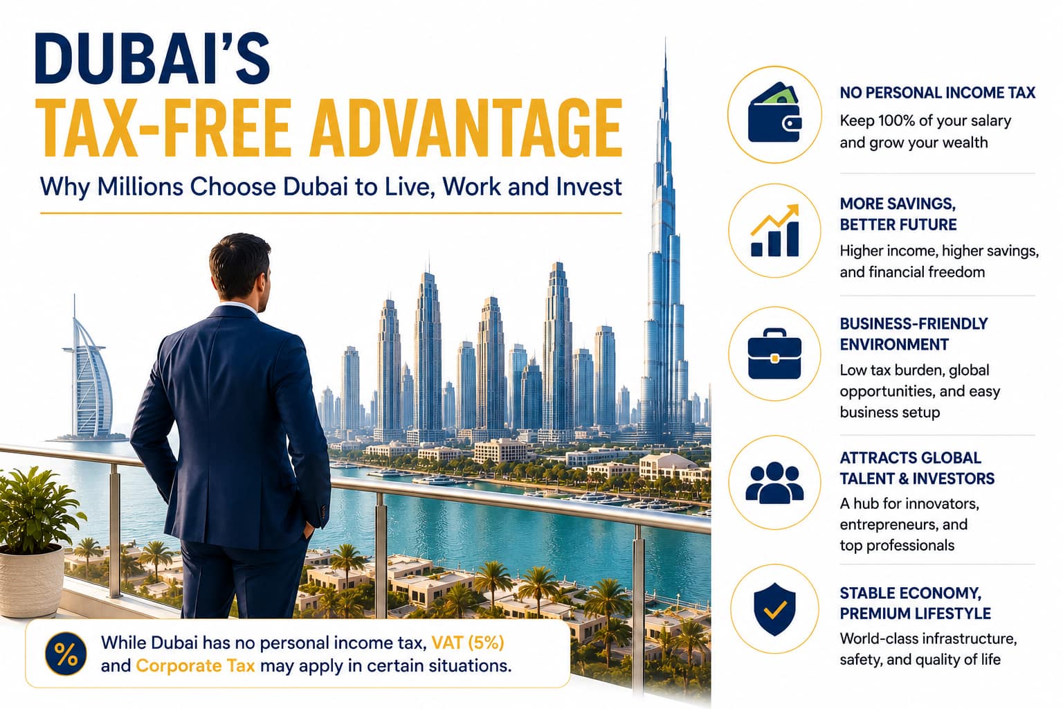 Dubai skyline highlighting the city's tax-free advantage for residents and businesses.