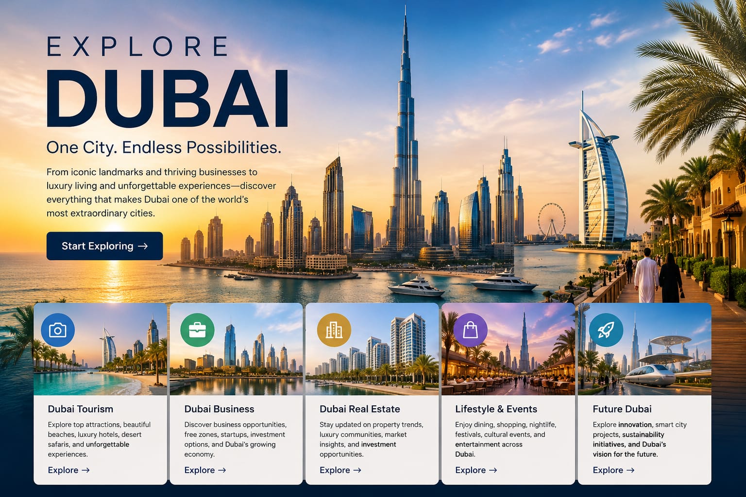 Explore Dubai skyline with tourism, business, real estate and lifestyle