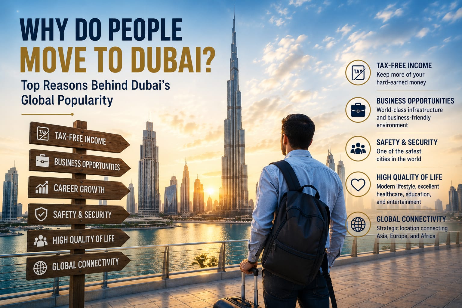 Person looking at Dubai skyline with reasons to move to Dubai