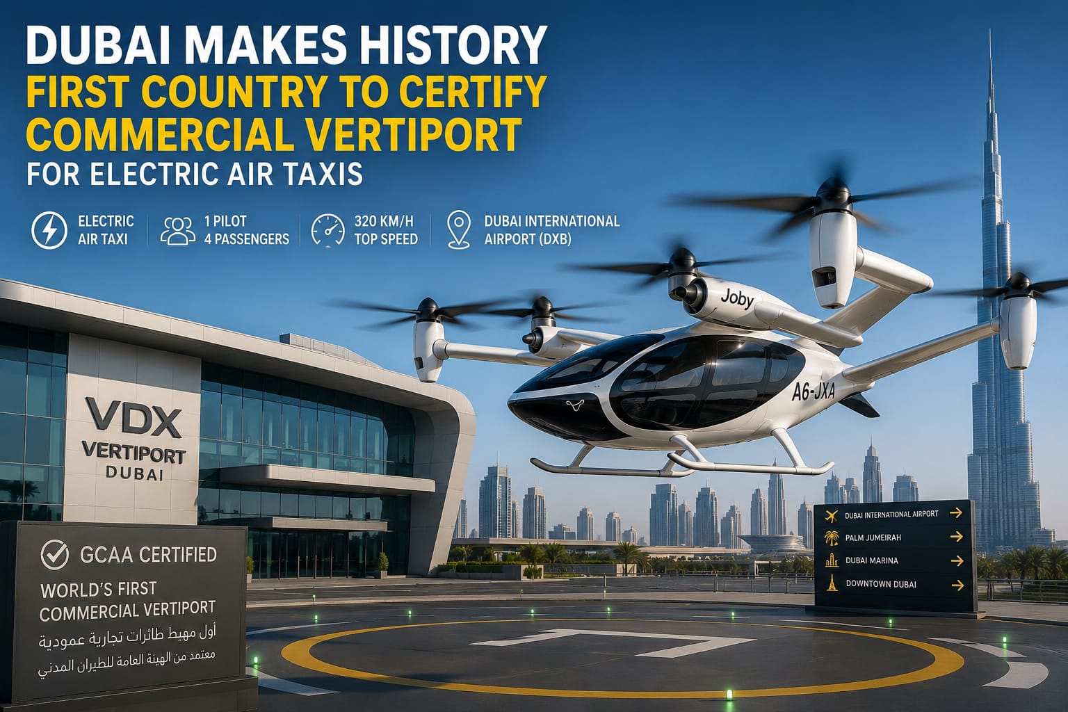 AI concept image of Dubai's first certified electric air taxi vertiport.