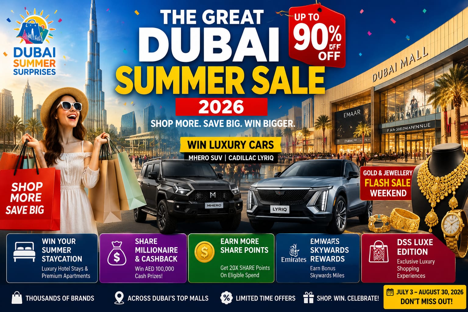 The Great Dubai Summer Sale 2026 offers up to 90% discounts across Dubai malls.
