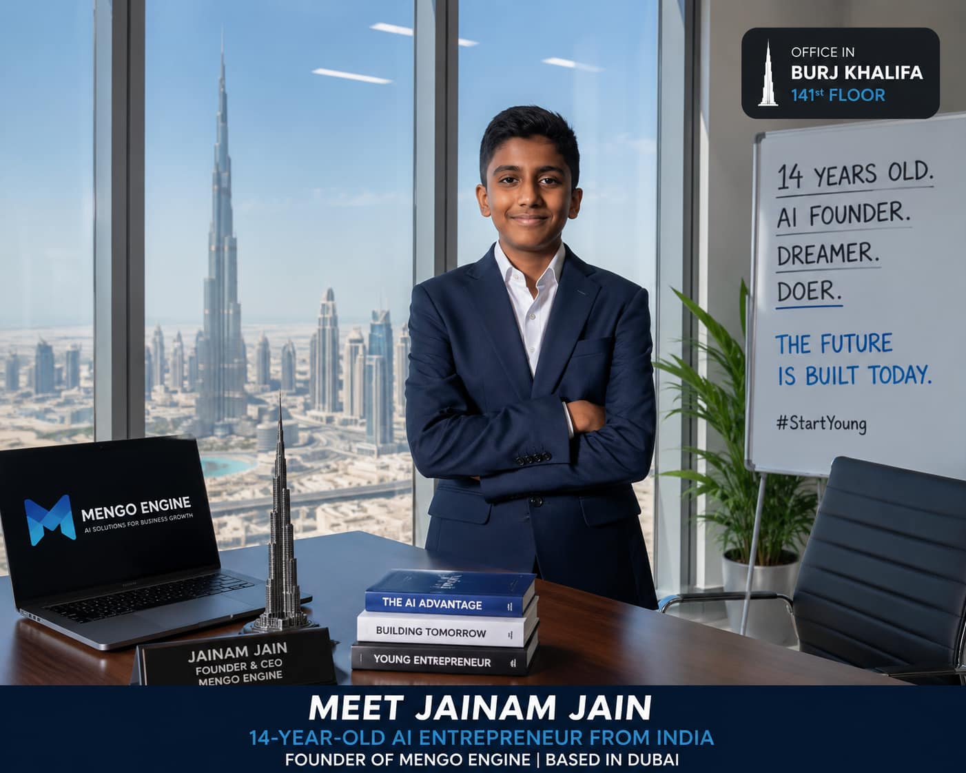 Jainam Jain, a 14-year-old AI entrepreneur, at his Dubai office.