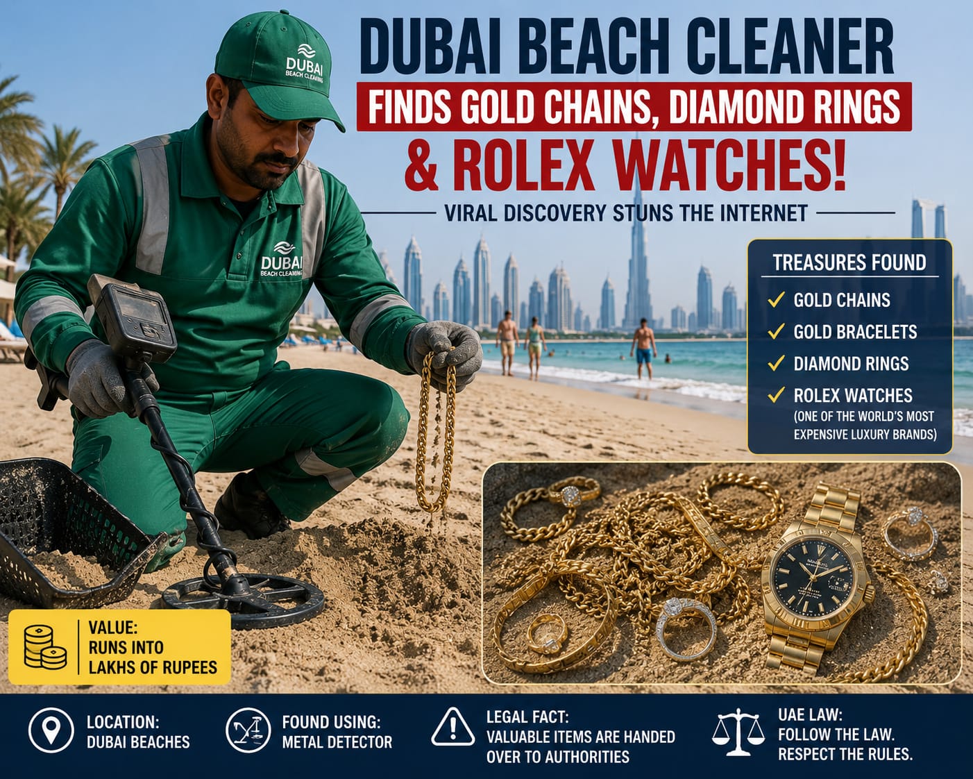 Dubai beach cleaner finding gold chains, diamond rings and a Rolex watch on the beach.
