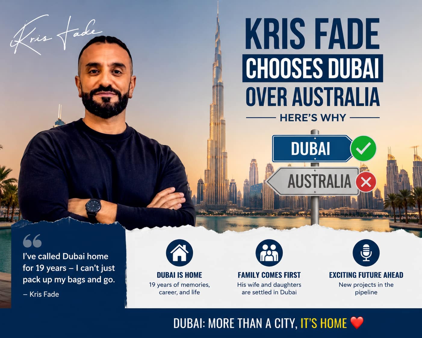 Kris Fade chooses Dubai over Australia.