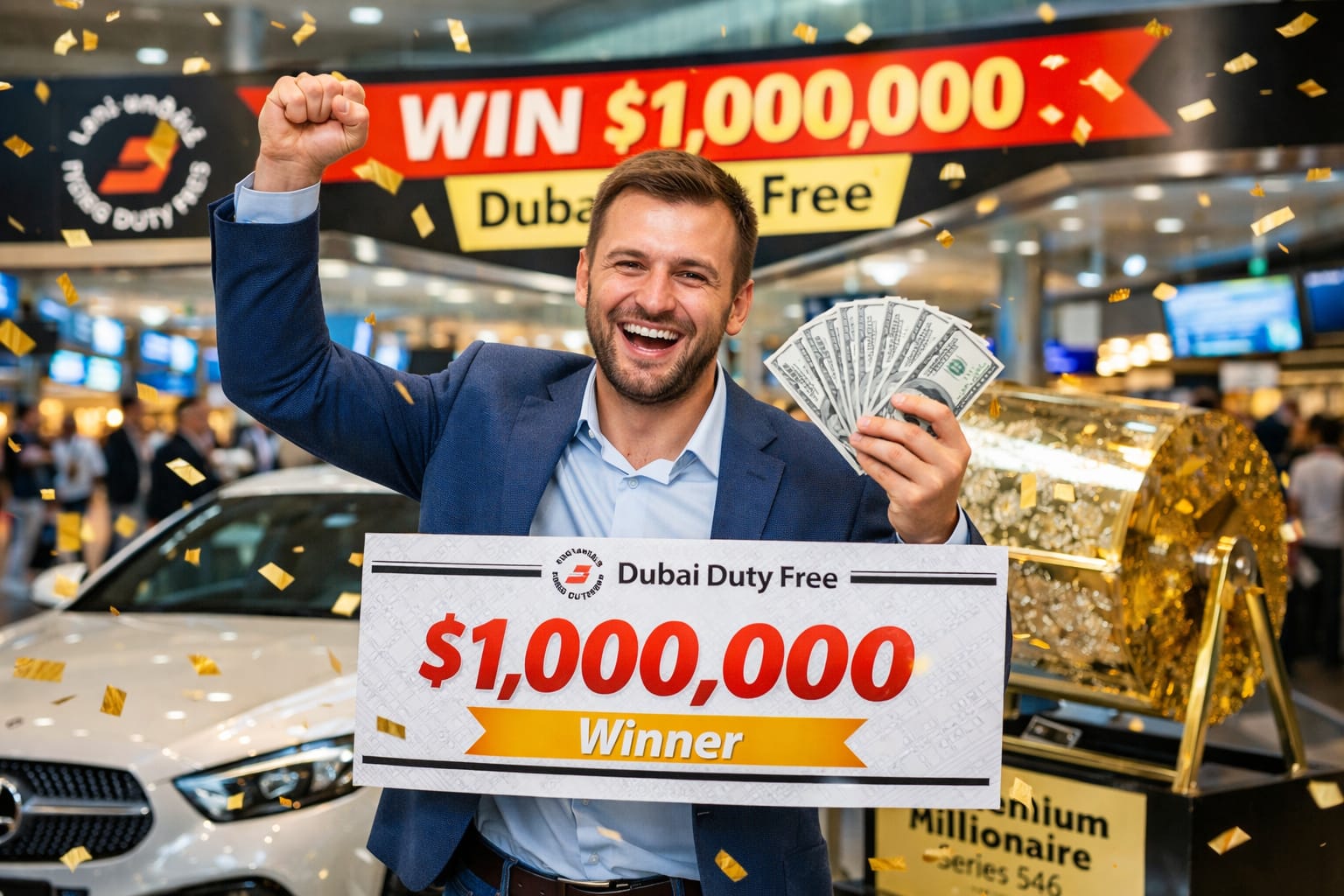 Russian real estate broker celebrating $1 million win at Dubai Duty Free Millennium Millionaire draw in Dubai International Airport