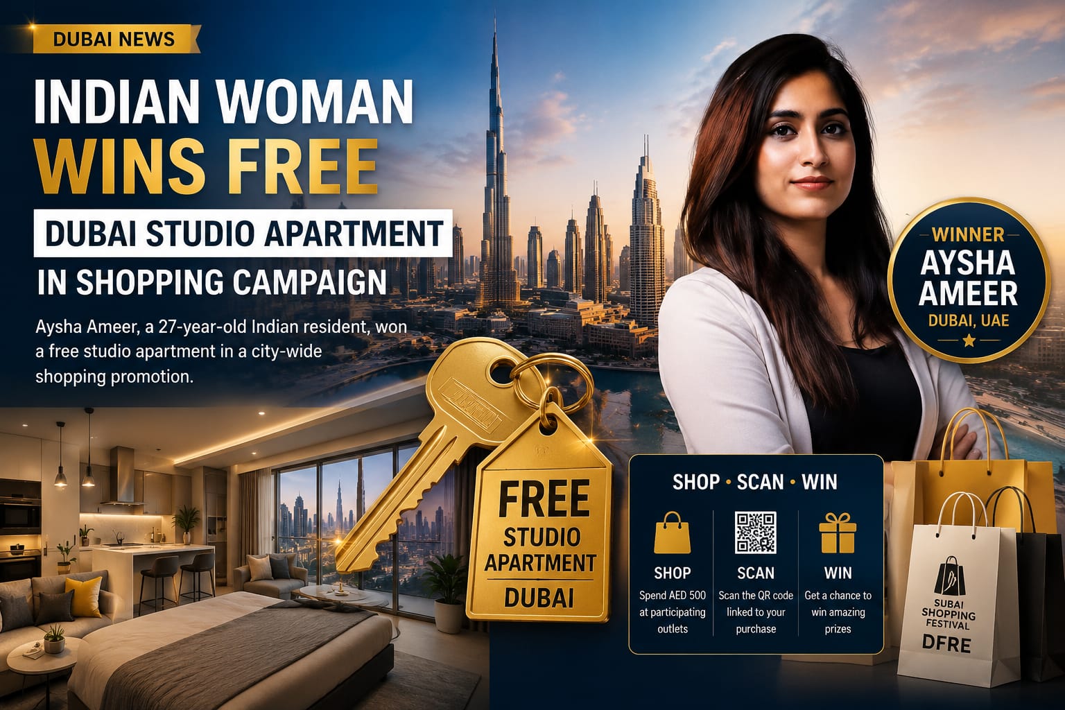 Aysha Ameer wins a free Dubai studio apartment.