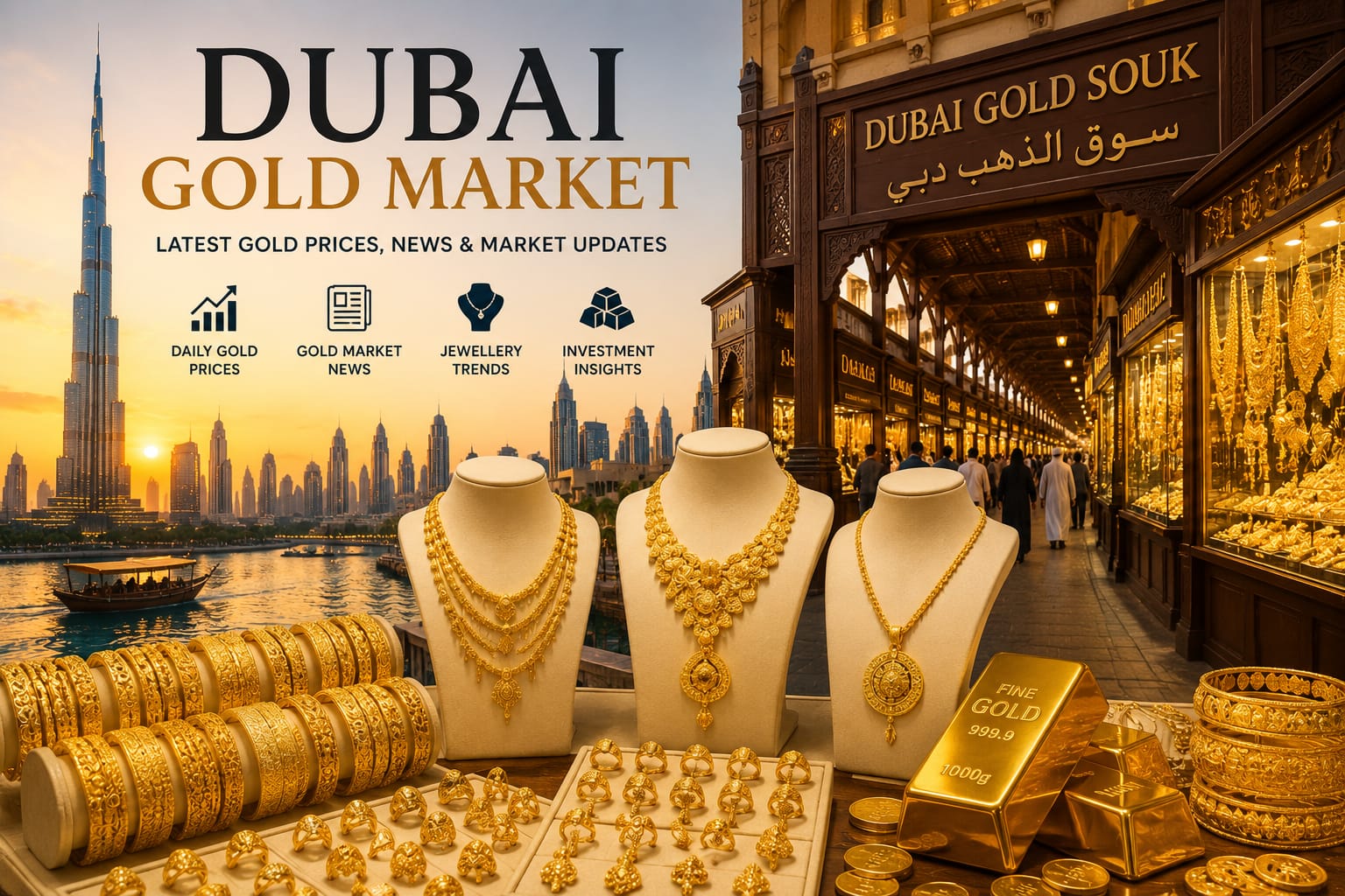 Dubai Gold Market with gold jewellery and gold bars