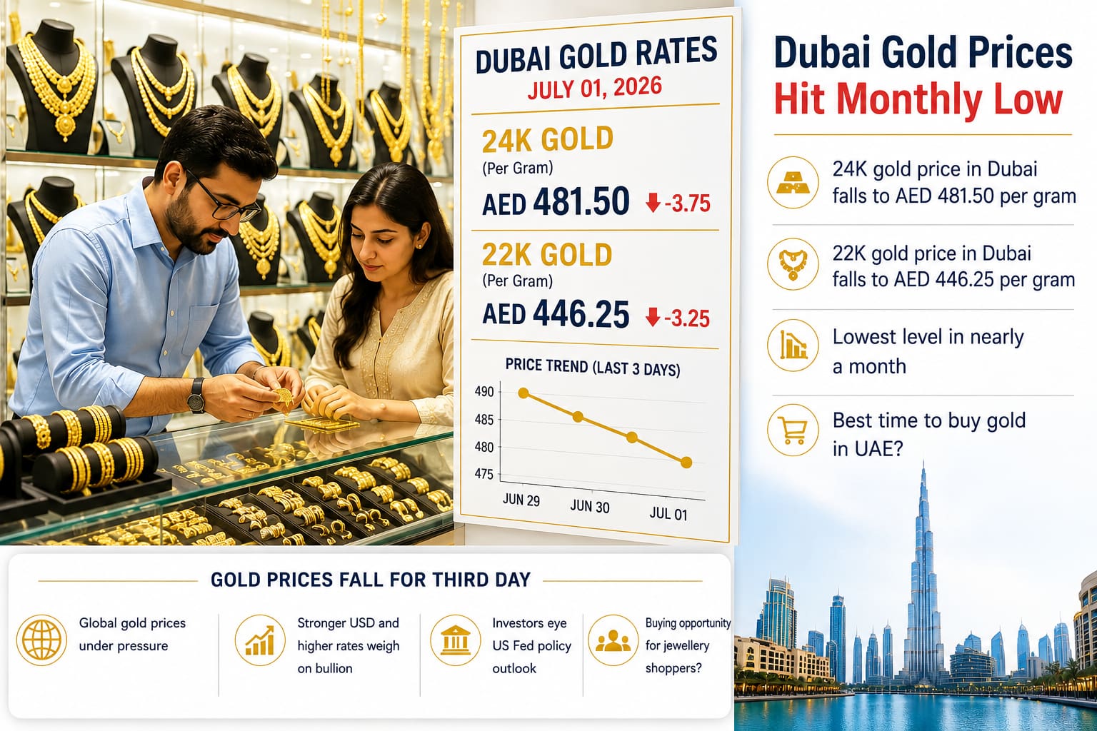 Dubai Gold Prices fall to the lowest level in nearly a month as UAE gold rates decline.