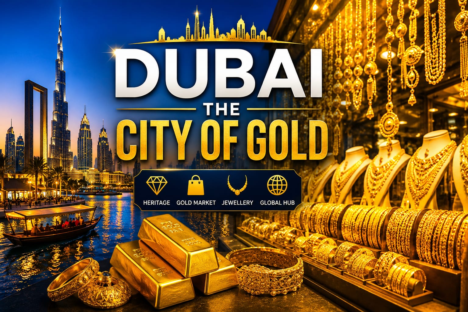 Dubai City of Gold with Burj Khalifa, Dubai Gold Market and gold jewellery