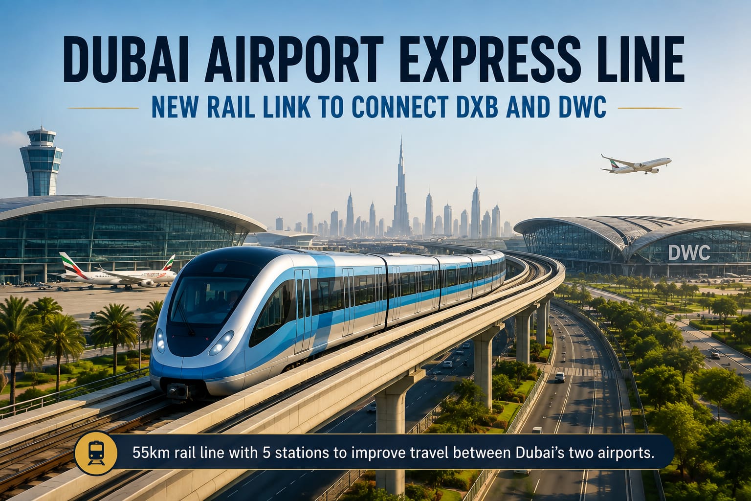 Dubai Airport Express Line connecting DXB and DWC with a new 55km rail link.