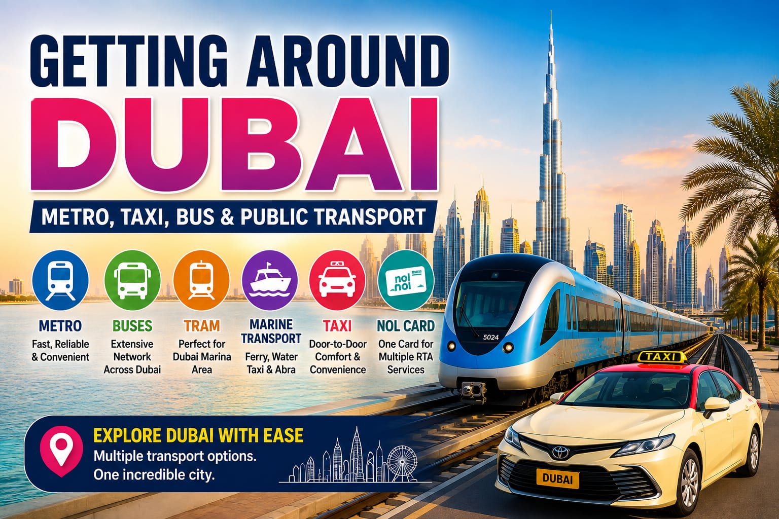 Getting Around Dubai with Metro, taxis, buses, tram and other public transport options.