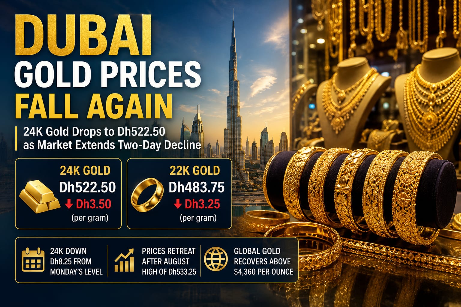 Dubai gold prices fall as 24K gold drops to Dh522.50 per gram.