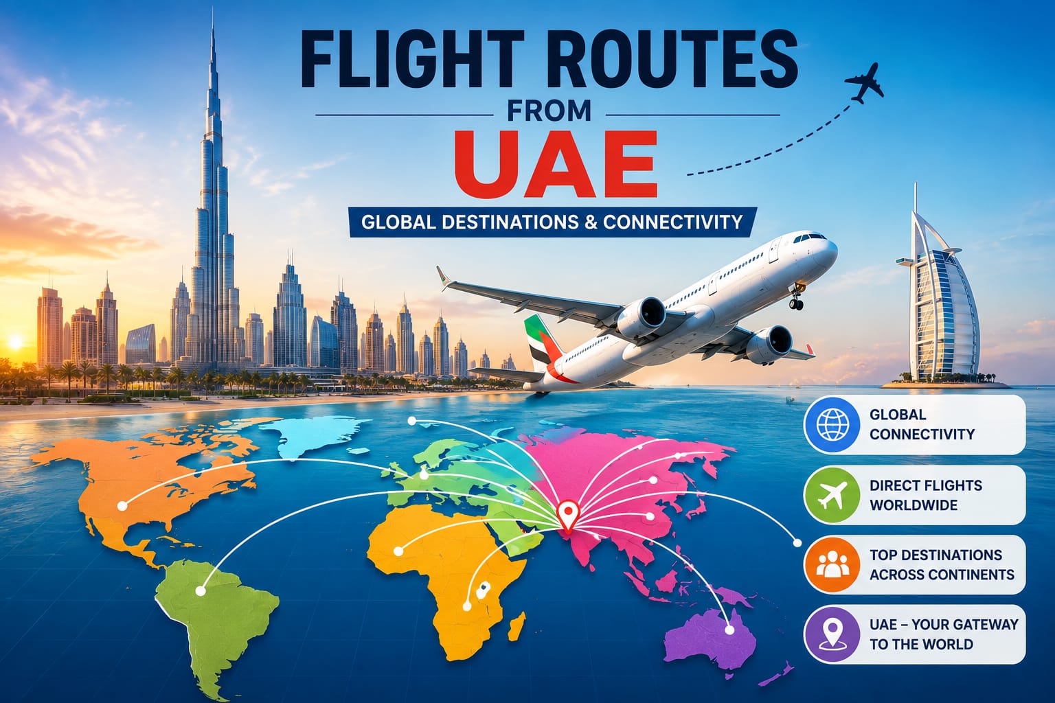 Flight Routes from UAE showing global destinations, international flights and Dubai aviation connectivity