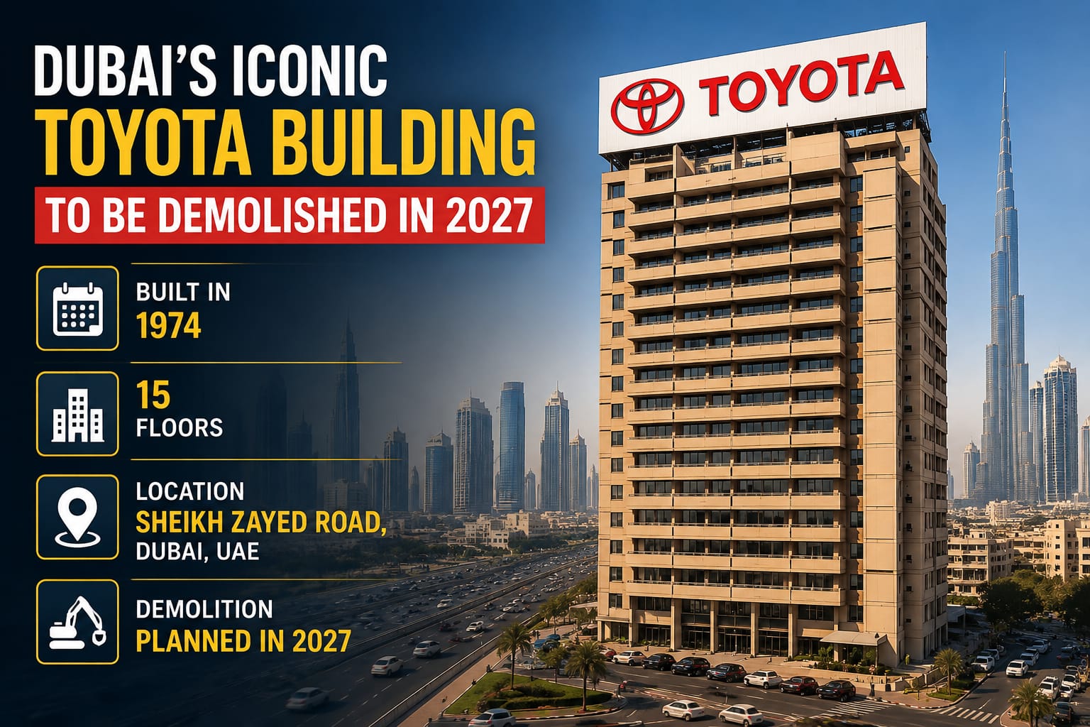 Dubai Toyota Building on Sheikh Zayed Road set for demolition in 2027.