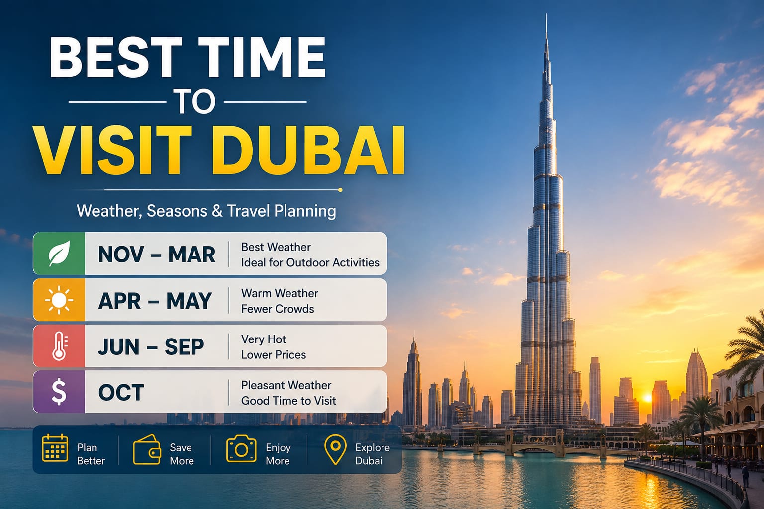 Best Time to Visit Dubai showing Dubai weather, seasons and travel planning with Burj Khalifa