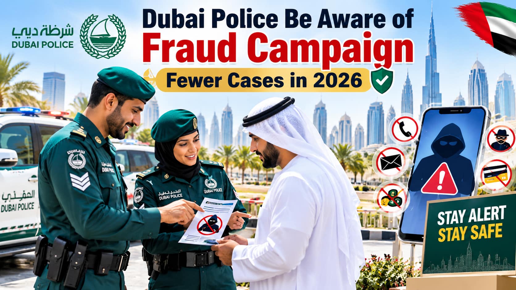 Dubai Police Be Aware of Fraud campaign promoting scam prevention.