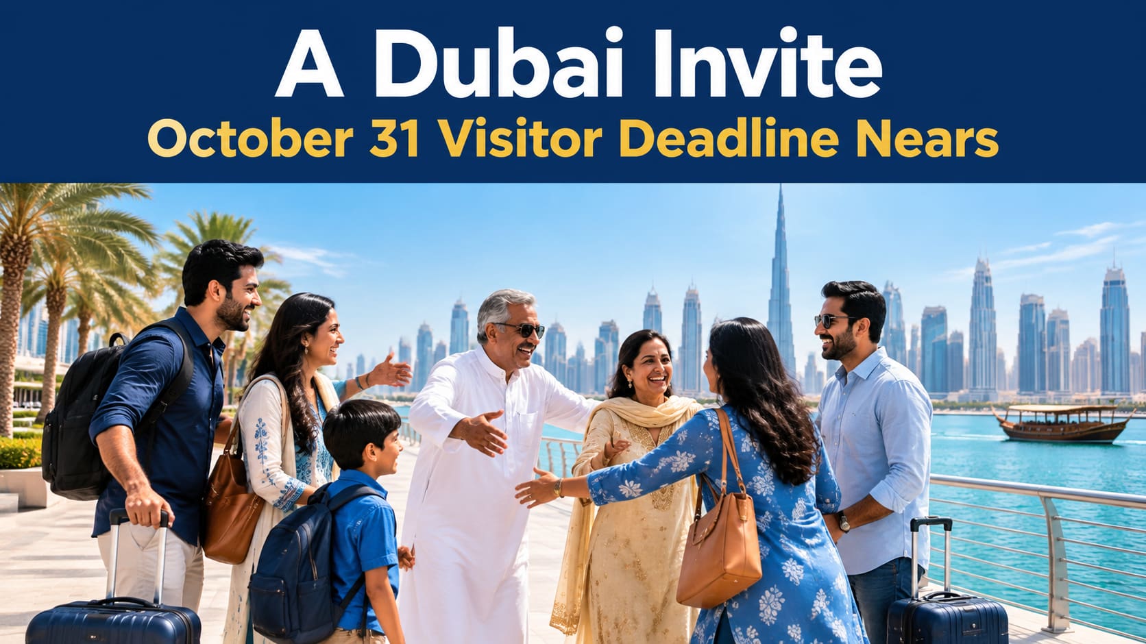 AI illustration of a family reunion in Dubai with an A Dubai Invite October 31 visitor deadline headline.