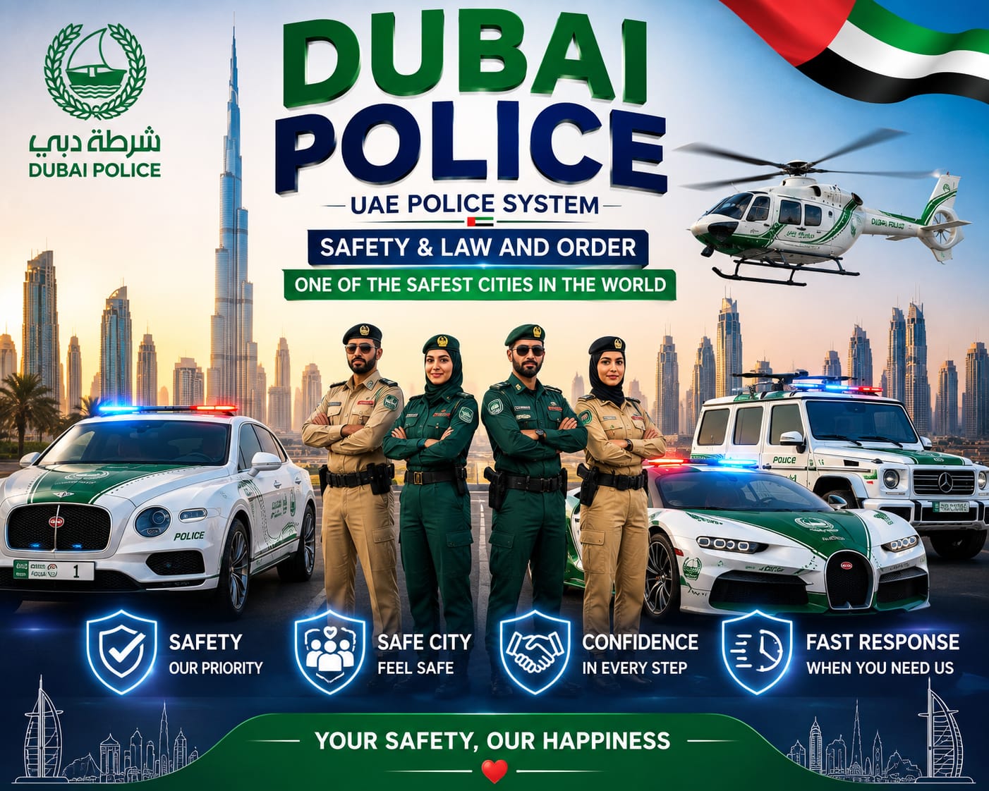 Dubai Police officers, police vehicles and helicopter with Dubai skyline representing safety and law and order