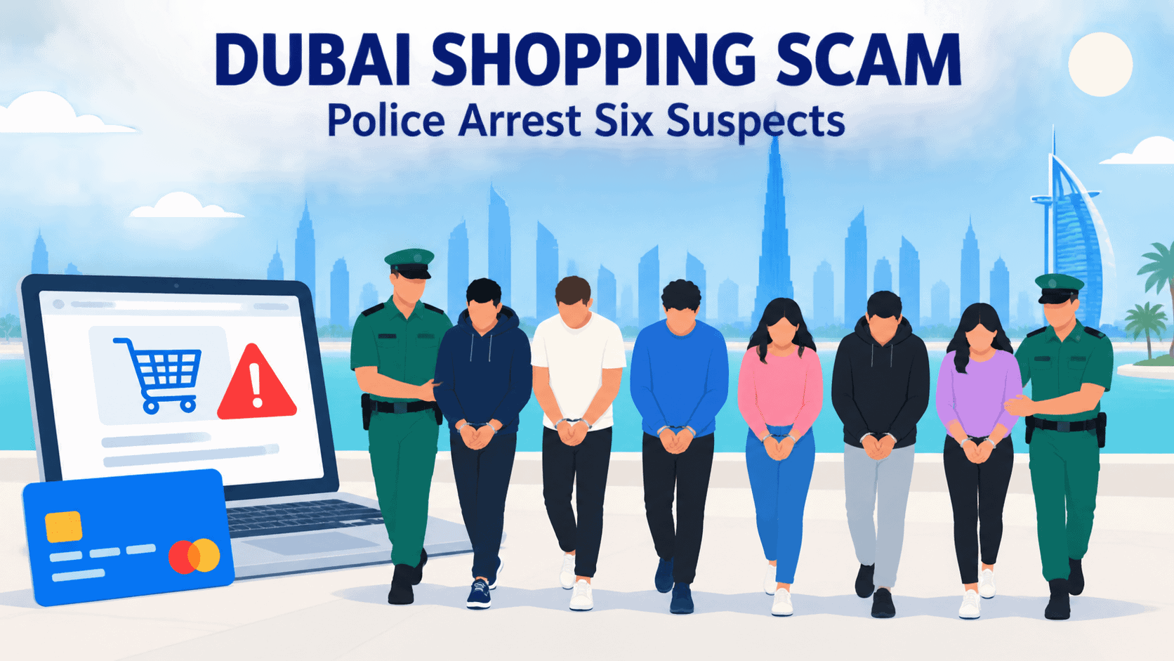 Graphic of police, six suspects and a fake shopping website in Dubai.
