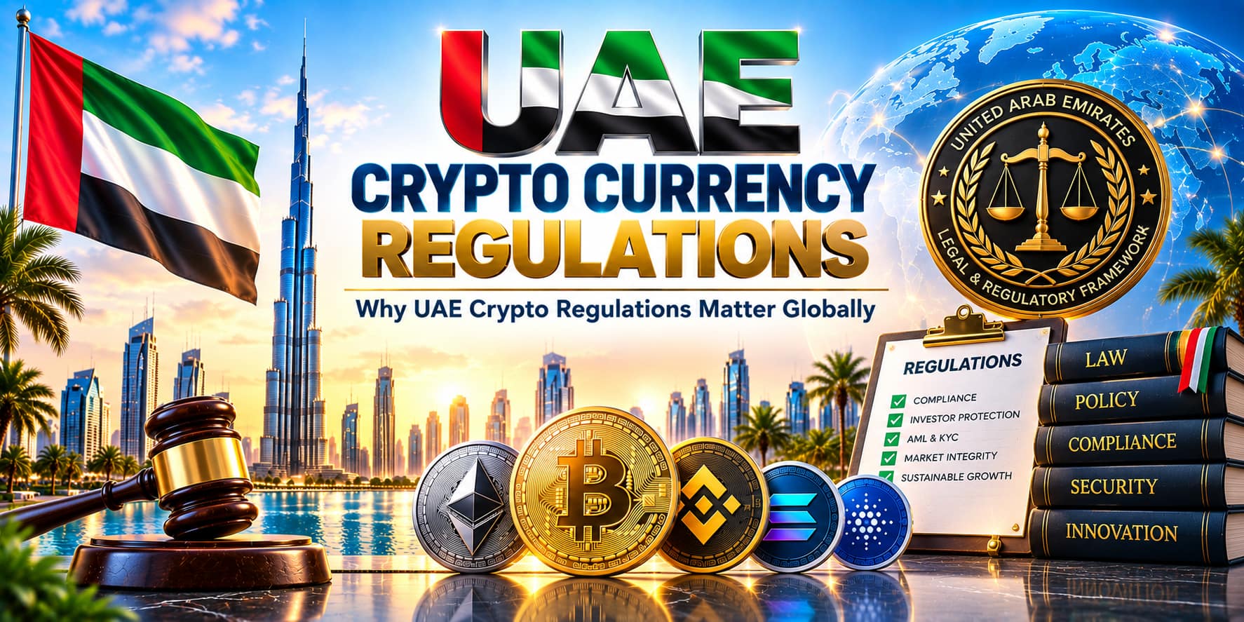 UAE Crypto Currency Regulations with Dubai skyline, crypto coins and legal symbols