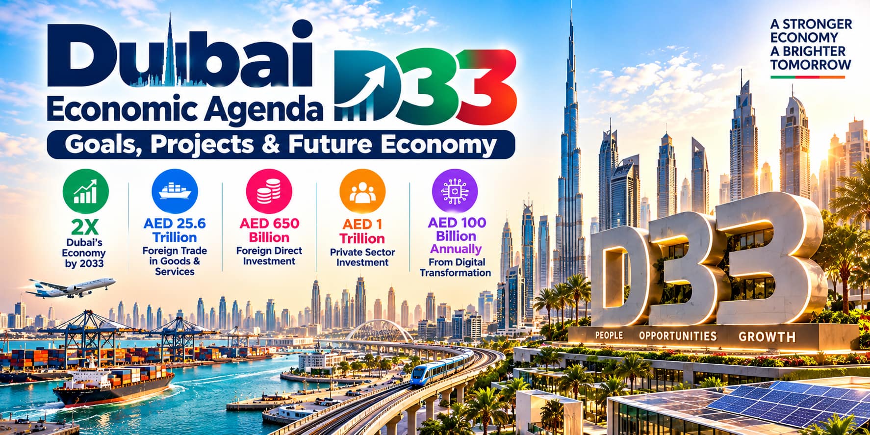 Dubai Economic Agenda D33 featuring economic growth targets, foreign trade, investment, digital transformation and Dubai's skyline.