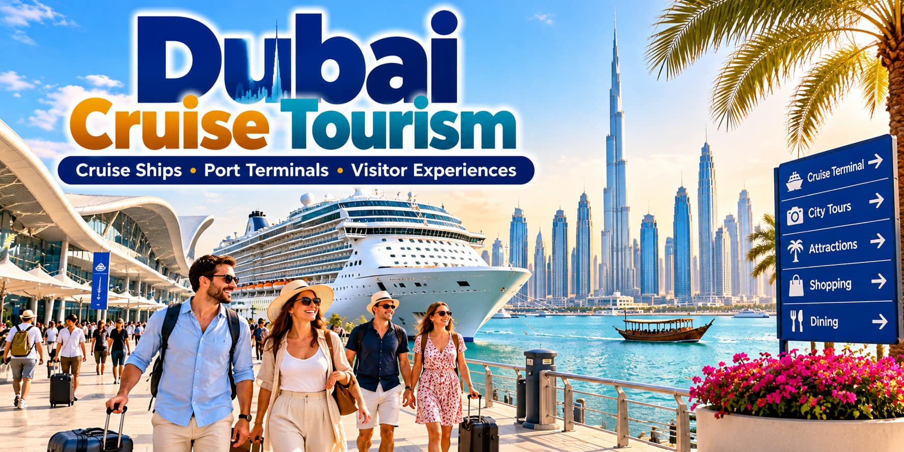 Dubai cruise tourism featuring a cruise ship, diverse tourists and the Dubai skyline.