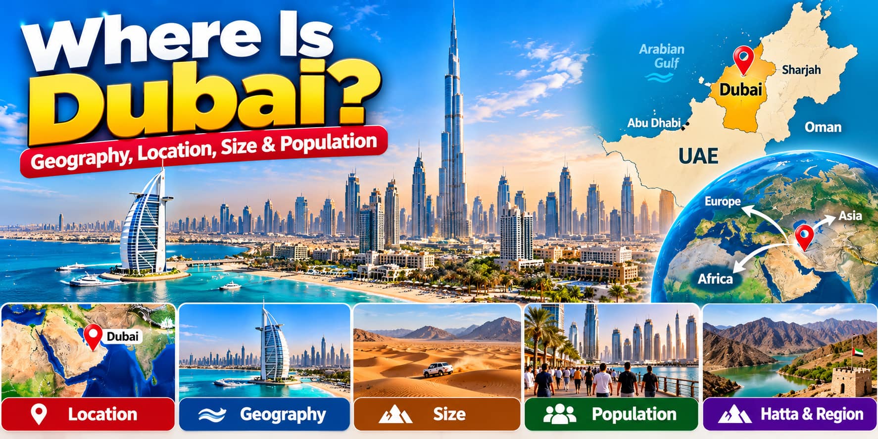 Where is Dubai showing its location, geography, size and population